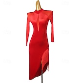 preiswerte Turnierkleid-Rotes Samtkleid für lateinamerikanische Tänze – langärmeliges Bühnenkleid mit Stehkragen aus Netzgewebe und asymmetrischem Fransensaum