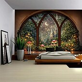 billige landskapsteppe-Fantasislottvindu-teppe med magisk skogsscene, stort eventyrmånemaleri til veggdekorasjon for soverom, sovesal og stue