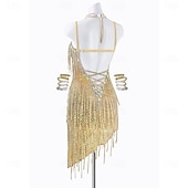 cheap Competition Dress-Women's Gold Rhinestone Fringe Latin Dance Dress Set - Sparkly Asymmetrical, Choker &amp; Cuffs Included Ballroom Performance