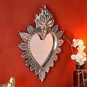 preiswerte Wandskulpturen-Wanddekor-Spiegel mit flammendem Herzmotiv, handgefertigter Hängeschmuck in Form eines flammenden Herzens, Wandkunst im europäischen Stil für Wohnzimmer, Schlafzimmer, Arbeitszimmer, religiöse