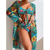 halpa 3 kpl bikinisetti-Naisten bikinit 3-osainen uimapuku palm alushousut slim selkä avoin lomaranta-asu kukkakuviolla lehtikuvio pyöreä kaula-aukkoinen hihaton uimapuku