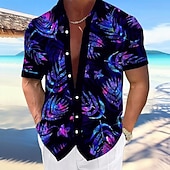 abordables Plantes tropicales-Homme Feuille Plantes Tropicales Lueur néon Chemise hawaïenne Chemise Boutonnée Chemise Aloha Manche Courte Hawaïen Vacances Tenue de plage Été Printemps Col Rabattu Impression 3D chemises à col Bleu