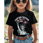 halpa 250-vuotisjuhla USA-100% puuvilla Lapset Tyttöjen Musta Valkoinen Vapaudenpatsas 250-vuotisjuhla Lasten Amerikan Yhdysvaltain lippu T-paita Tiukka pyöreä kaula-aukko Lyhythihainen Loma Urheilu ja ulkoilu Arkikäyttö