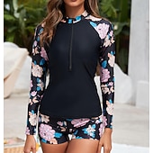 preiswerte One Pieces Rash Guards-Damen Anti UV Shirt Badeanzug mit Blumenmuster Badeanzug Bedruckt Reißverschluss Boyleg Ultraleicht (UL) UV Schutz Elastisch Langarm Bademode Surfen Schnorcheln Frühling