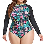 ieftine Rash guards One Piece-Pentru femei Costum de baie One Pieces Protecție anti-erupții cutanate mărime mare Floral Tropical Inchide fermuarul Protecție UV Elastic Manșon Lung Costume de Baie Surfing Plajă Vacanță Vară