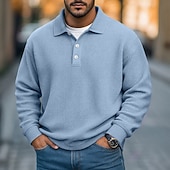 お買い得  メンズ クラシックポロ-男性用 ワッフルポロシャツ テクスチャード加工 カジュアル ストリート リブ付きポロカラー 長袖 ファッション 純色 ボタン 平織り 秋 春 &amp; 秋 ルーズフィット パープル カーキ色 ライト ダークブルー ライトブルー ワッフルポロシャツ