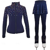 preiswerte Eiskunstlauf Trainingsoutfit-Eiskunstlaufjacke mit Hose, Damen- und Mädchen-Eiskunstlaufbekleidung, blau, dehnbar, Trainings- und Wettkampfbekleidung, wärmend, mit Kristall-/Strasssteinen, langärmlig, Eiskunstlauf