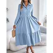 cheap Plain Dress-Women's Midi Dress A Line Dress Casual Daily Regular Fit Plain Long Sleeve Lapel Blue Navy Wine Green Spring