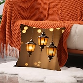 cheap Throw Pillows,Inserts &amp; Covers-Ramadan Eid Throw Pillow Cover, Gold Print Lantern &amp; Oil Lamp, Middle Eastern Festival Decor, Sofa Cushion for Living Room and Prayer Room, Seat Pillow