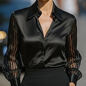 tanie Eleganckie bluzki-Damskie Koszula Elegancki Top satynowy Bluzka Z marszczeniami Oczko Guziki Równina Elegancja Zabytkowe damska Długi rękaw Kołnierzyk koszuli Zwykłe topy Codzienny Praca Święto Czarny Biały Czerwony