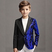 cheap Ring Bearer Suits &amp; Outfits-Kids Boys' Blazer Outerwear Sequin Tree Long Sleeve Pocket Buttons Coat Party Fashion Streetwear Cool Blue Red Purple Spring Fall 4-12 Years
