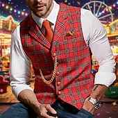 abordables Gilet pour homme-Homme Gilet Vacances Carnaval Soirée Mode Streetwear Printemps Automne Boutons Polyester Plaid Simple Boutonnage Col en V Coupe sur mesure Rouge Gilet