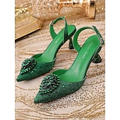 abordables Chaussures de femme-Escarpins à bride arrière verts à strass pour femmes, chaussures habillées élégantes à bout pointu pour la Saint-Patrick