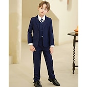 cheap Ring Bearer Suits &amp; Outfits-5 Pieces Ring Bearer Suit Boys' Kids Suit Blazer &amp; Vest &amp; Pants &amp; Shirt &amp; Tie Boy's Formal Suit Casual Outdoor Party Fashion Cool Basic Solid Color Pocket Buttons Black Navy Blue Polyester
