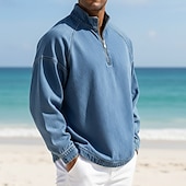 economico T-shirt in Cotone e Lino-Per uomo Camicia 100% cotone lavaggio acido Maglietta Manica Lunga Collo alla coreana Autunno &amp; Inverno Primavera Autunno Semplice Vintage Streetwear Casual Con zip Tinto in capo Sbiadito Casuale