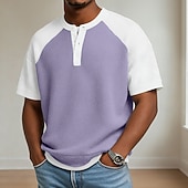 voordelige Wafelgebreid T-shirt-Heren Wafel T-shirt T-shirt Korte mouw Henley Zomer Lente Lente zomer Effen Kleur Met Textuur Modieus Ontwerper Casual Kleurenblok Gebreid Casual Dagelijks Buiten Licht Blauw Lichtgroen Paars Top