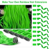  Green Wigs 10 PCS Green Hair Extensions Curly Wavy Synthetic Hairpieces Clip in Rainbow Neon Party Highlights Colorful Hair Accessories for Girls Women 17 Inch