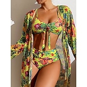 halpa 3 kpl bikinisetti-Naisten bikinit 3-osainen uimapuku palm alushousut slim selkä avoin lomaranta-asu kukkakuviolla lehtikuvio pyöreä kaula-aukkoinen hihaton uimapuku