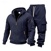 baratos Basic Tracksuits-Men's Hoodie Tracksuit Hoodie &amp; Pants Set Hoodie Daily Outdoor Vacation Daily Wear Drawstring Zip Up Plain Black Navy Blue Khaki Activewear Sports Fashion Fall