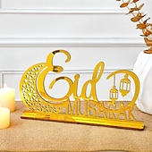 tanie Ramadan i Eid-drewniana, pusta dekoracja z motywem księżyca i literą „mubarak” na ramadan i eid – złoty lustrzany akcent, idealna na ramadan, islamskie dekoracje świąteczne i domowe przyjęcia