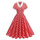 olcso Ruhák-1950-es Retró Rockabilly Déli Swing ruha Flare ruha Rövid ujjú Pöttyös Karcsúsított Jelmez Női Farsang Valentin nap Hétköznapi Hazaérkezés Retro témájú buli Felnőttek Ruha Tavaszi nyár