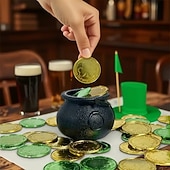 tanie Dzień Świętego Patryka-Złote monety na dzień św. Patryka - 100/200 sztuk złotych zielonych monet na szczęście, plastikowe monety koniczyna skrzat, moneta z 3-listną koniczyną do dekoracji i upominków na imprezę