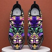 cheap Men's Shoes-Men's Mardi Gras Purple and Green Carnival Slip-On Shoes with Feather Mask Pattern – Comfortable and Stylish Footwear for Carnival, Parades and Festivals
