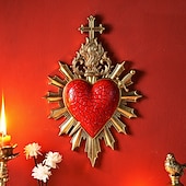 זול פסלי קיר-לב קדוש עם חץ לוהט לקישוט קיר, קישוט תלייה דתי בעבודת יד משרף, קישוט קיר רקע בסגנון אירופאי לבית, מלון &amp;אבזרי צילום