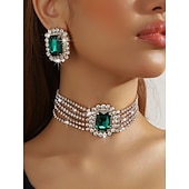 economico Matrimonio ACC-collana girocollo da donna con strass verde smeraldo &amp;set di orecchini, gioielli con cristalli color oro, stile glamour per le feste &amp;eventi serali