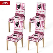 رخيصةأون غطاء كرسي الطعام-غطاء كرسي طعام مطاطي لعيد الحب، بنقشة مربعات الجاموس باللونين الأسود والأبيض مع قلب وقوس على مسند الظهر، غطاء كرسي شتوي قابل للإزالة والغسل للمنزل والمطعم والمطبخ وغرفة المعيشة (1/4/6 قطع)