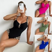 tanie Stroje kąpielowe jednoczęściowe-Kobiece kostiumy kąpielowe jednoczęściowe wysmuklające panterkowe monokini kontrola brzucha wysoki stan smukłe bez pleców wakacyjne stroje plażowe dekolt w kształcie litery V bez rękawów