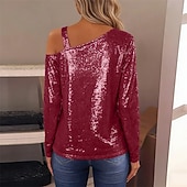 preiswerte Schicke Blusen-Damen Bluse Elegante Oberteile Pailletten-Oberteile Gerafft Pailletten Patchwork Einfarbig Einfach Elegant Vintage Stilvoll Langarm Asymmetrisch Normale Oberteile Täglich Arbeit Ausgehen Blau Schwarz