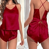cheap Women's Sleep Tops &amp; Bottoms-Women's Loungewear Pajama Set Fashion Casual Soft Pure Color Patchwork Backless Shorts Home Vacation Sleeveless V Neck Black White Champagne Light Green Pink Summer Spring Fall Regular Fit