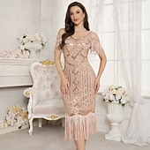 cheap 1920s Dresses-Roaring 20s 1920s Knee Length Short Length Dress Wedding Party Bachelor Party Cold Shoulder The Great Gatsby Wedding Guest Sequins Sequin Tassel V Neck Fancy Dress Women's Christmas New Year Evening