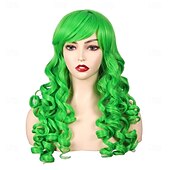 baratos Perucas de festa-Perucas Verdes Peruca Sintética Cacheada com 2 Rabo de Cavalo Peruca Feita à Máquina Longo Cabelo Sintético Verde Mulheres Festa Natural Verde