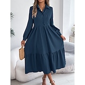 cheap Plain Dress-Women's Midi Dress A Line Dress Casual Daily Regular Fit Plain Long Sleeve Lapel Blue Navy Wine Green Spring