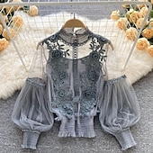 Χαμηλού Κόστους Δαντέλα κορυφές-Γυναικεία Μπλούζα Δαντέλα Κουρελού Σκέτο Βίντατζ Στυλάτο Μακρυμάνικο Ζιβάγκο Κανονικά μπλουζάκια Καθημερινά Εξόδου Θαλασσί Μαύρο Λευκό Χακί Σομόν Καλοκαίρι Άνοιξη Φθινόπωρο Χειμώνας