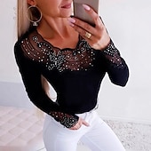 baratos Camiseta lisa-Valentine's Day Women's Blouse Tight Tops Sequin Tops Glitter Mesh Solid Color Stylish Sexy Casual Long Sleeve Crew Neck Regular Tops Daily Holiday Going out Black Spring Fall