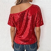 preiswerte Schicke Blusen-Damen Sommeroberteile Bluse Elegante Oberteile Pailletten-Oberteile Gerafft Pailletten Patchwork Einfarbig Einfach Elegant Vintage Damen Kurzarm Schulterfrei Normale Oberteile Täglich Arbeit Ausgehen