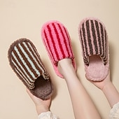 cheap Home Slippers-Cotton Slippers for Women Closed Toe Color Block Plush Striped Furry Indoor Home Soft Cozy House Slippers