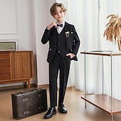 abordables Costumes et Tenues de Porteur d'Anneau-Costume de garçon d'honneur 6 pièces avec blazer &amp;gilet &amp; pantalon  &amp; chemise  &amp;Costume garçon avec cravate, élégant et décontracté, idéal pour les fêtes en extérieur. Couleur unie, noir, kaki, gris,