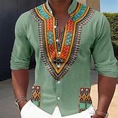 baratos Camisa Vintage-Homens Estampa Geométrica Étnico Cultura indiana Camisa Social camisa de botão Camisa de gola alta Manga Longa Vintage retrô Diário Ao ar livre Férias Primavera Outono Colarinho Mandarim Faixa