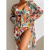 halpa 3 kpl bikinisetti-Naisten bikinit 3-osainen uimapuku palm alushousut slim selkä avoin lomaranta-asu kukkakuviolla lehtikuvio pyöreä kaula-aukkoinen hihaton uimapuku