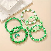  5-Piece St. Patrick's Day Green Bracelet Set, Multi-Layer Elastic Bracelets with Acrylic & Wood Heart Beads and Shamrock Charms, Unisex Irish Festival Party Jewelry Gift