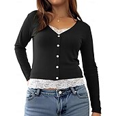 baratos Camiseta lisa-Mulheres Blusa Renda Patchwork Botões Côr Sólida Elegante à moda Casual Manga Longa Decote V Tops regulares Diário Preto Rosa Vermelho Marron Verde Primavera Outono Inverno