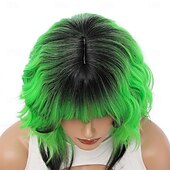  Grüne Perücken synthetische Perücke lockig mit Pony maschinell gefertigte Perücke kurze schwarze  dunkelgrüne synthetische Haare Frauen natürliche Party schwarz-grün Ombre