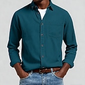 baratos Camisas casuais inteligentes masculinas-Homens Camisa Social camisa de botão Camiseta de Veludo Camisola Azul Amarelo Vermelho Azul Marinha Verde Manga Longa Tecido Lapela Casual Ao ar livre Bolso frontal Roupa Moda Roupa de rua Casual