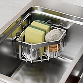 billige Reisevesker og håndbagasje-Plassbesparende kjøkkenvaskorganisator, kraftig trekantet avløpsstativ med svampholder, oppvaskstativ og skjærebrettspor, veggfeste, rustfritt stål, slitesterk konstruksjon, enkel å rengjøre, moderne