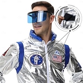  カップル用宇宙飛行士コスチューム ジャンプスーツ カーニバルコスチューム ワンジー マスク付き グループコスチューム 男性用 女性用 シルバー 宇宙服 刺繍パッチ付き