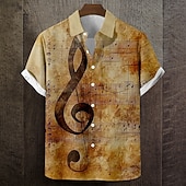 cheap Music and Guitars-Men's Musical Notes Distressed Print Shirt Summer Shirt Button Up Shirt Short Sleeve Vintage Retro Music Festival Holiday Summer Turndown 3D Print Front One Pocket Linen Like Shirt Blue Green Khaki